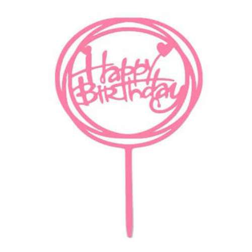 Happy Birthday Swirl Acrylic Cake Topper - Pink - Click Image to Close